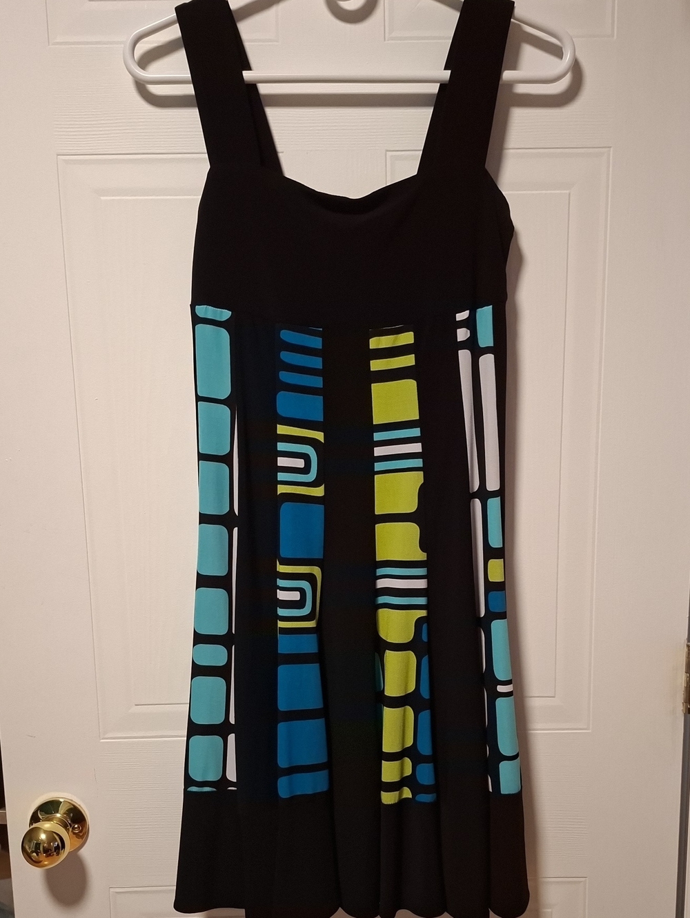 Frank Lyman Design Black Midi Dress with Blue & Lime Geometric Stripes